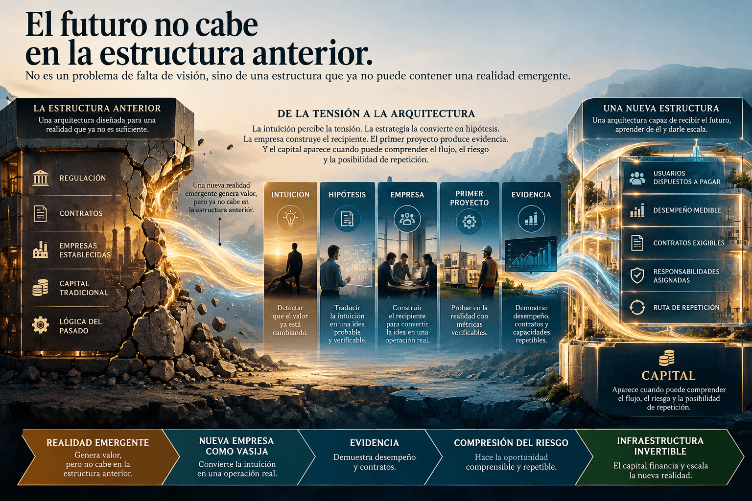 De la estructura anterior a una nueva empresa invertible: intuición, hipótesis, empresa, primer proyecto y evidencia.